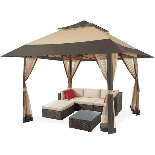 Yaheetech Party Tent - 4 x 4 m - pliable - pavillon de jardin - parois en filet - réglable - 271-291 cm - kaki/brun