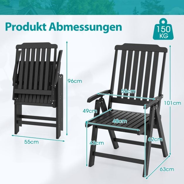 Coast Garden Chair Black - Chaise pliante en plastique avec dossier haut - 55 x 63 x 101 cm