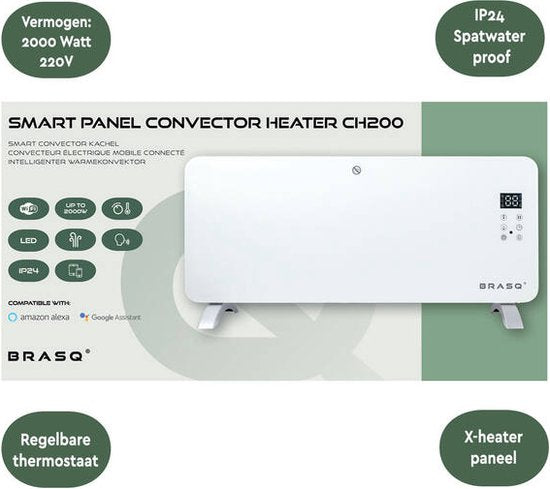 BRASQ Smart Convector Heater White - Chauffage électrique - Chauffage avec WiFi jusqu'à 2000 Watts - 2 réglages - Résistant à l'eau - jusqu'à 20M2