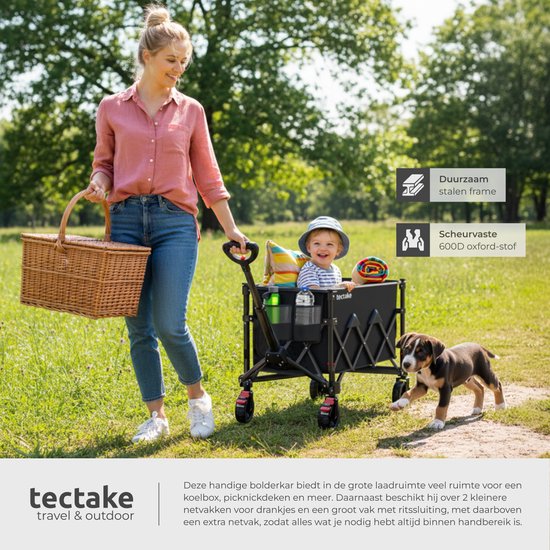 Chariot tectake® - Pliable - Capacité de charge de 80 kg - Roues pivotantes massives avec frein - 45 x 88 x 95 cm - Chariots de transport - Chariot à main - Avec poignée réglable - Chariot à main - Chariot de transport hydrofuge - Avec tablette et compart