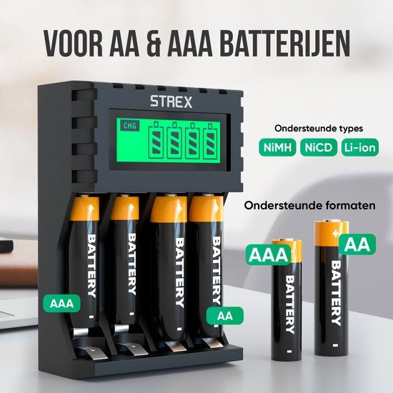 Strex Battery Charger - AA/AAA Batteries - USB Rechargeable - LCD Display - Universal Battery Charger For Rechargeable Batteries
