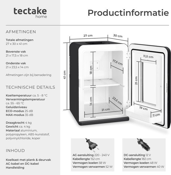 Mini-réfrigérateur de voiture tectake® - Minibar portable 14 L - Fonction 2 en 1 : refroidissement et chauffage - de 5 à 65 °C - Mini-réfrigérateur - Glacière électrique - Alimentation 12 V + 220/240 V - Réfrigérateur de camping portable
