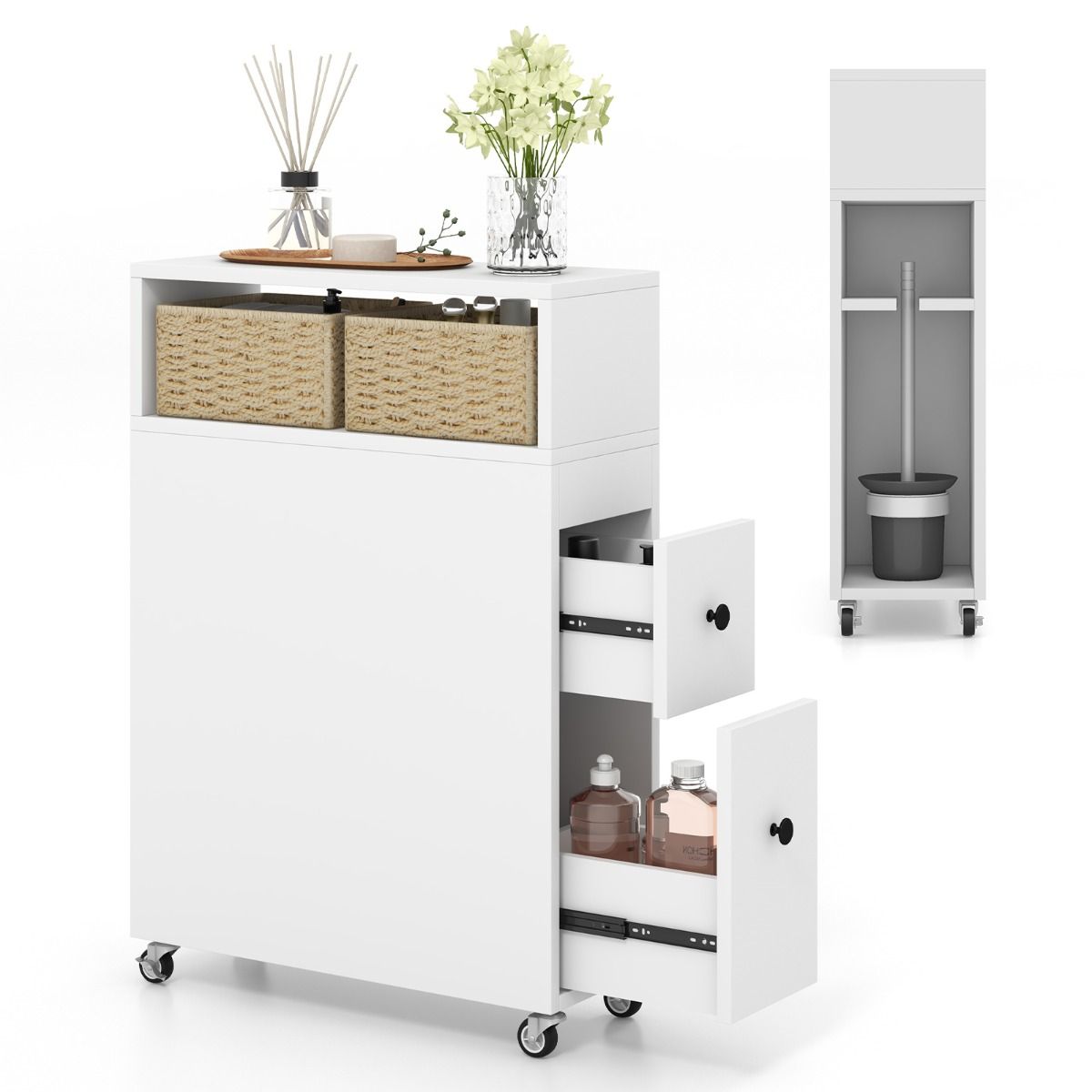 Meuble de rangement étroit Coast sur roulettes - 2 tiroirs - 2 paniers en rotin - 50 x 19 x 72 cm - Blanc