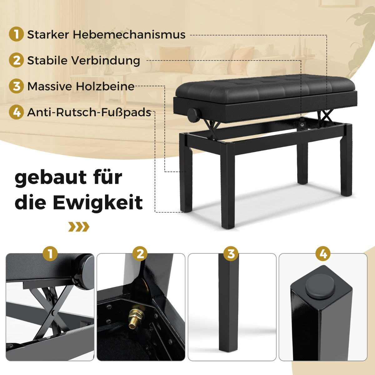 Banc réglable pour piano à queue avec rangement et coussin rembourré imperméable - 6 x 36 x 48-58 cm - Noir
