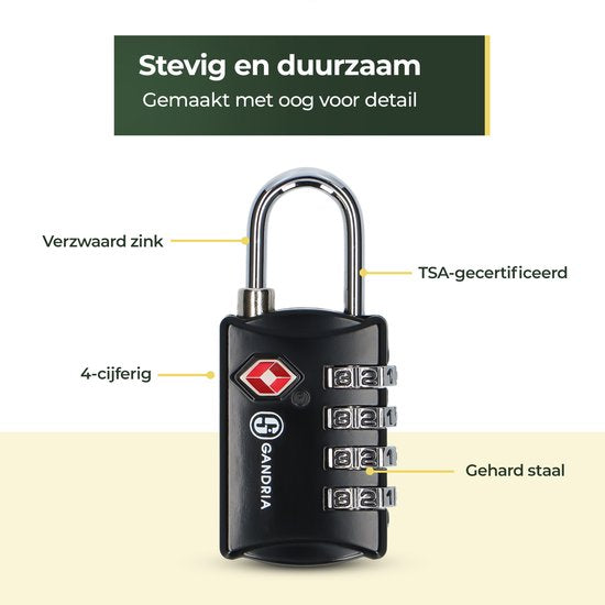 Cadenas de voyage Gandria - Serrure TSA - Serrure de voyage 2 pièces - Cadenas à 4 chiffres - Serrure de valise 4 chiffres - Acier allié au zinc