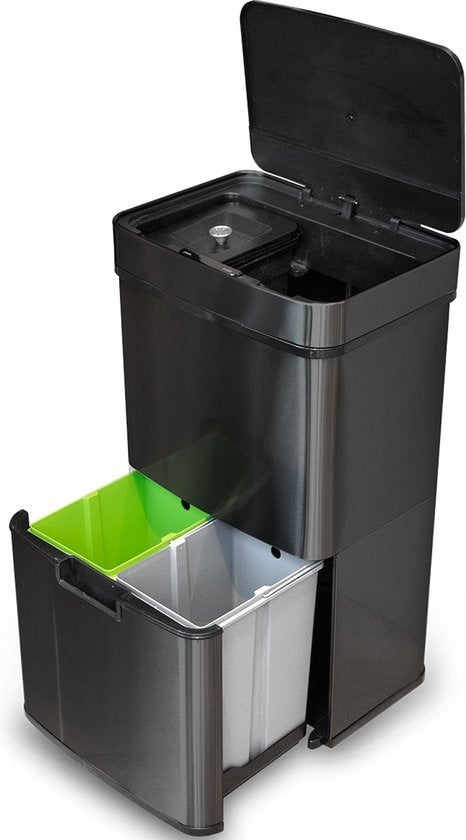 Poubelle automatique, Goliving, 64 litres, Séparation des déchets, Détecteur mains libres, Acier inoxydable, Noir