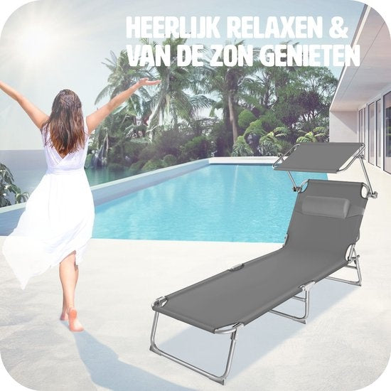 tectake® - chaise longue, robuste, réglable, base en acier avec parasol, dossier à 4 positions avec coussin, chaise de plage Idéal pour le jardin, la piscine, le camping - gris