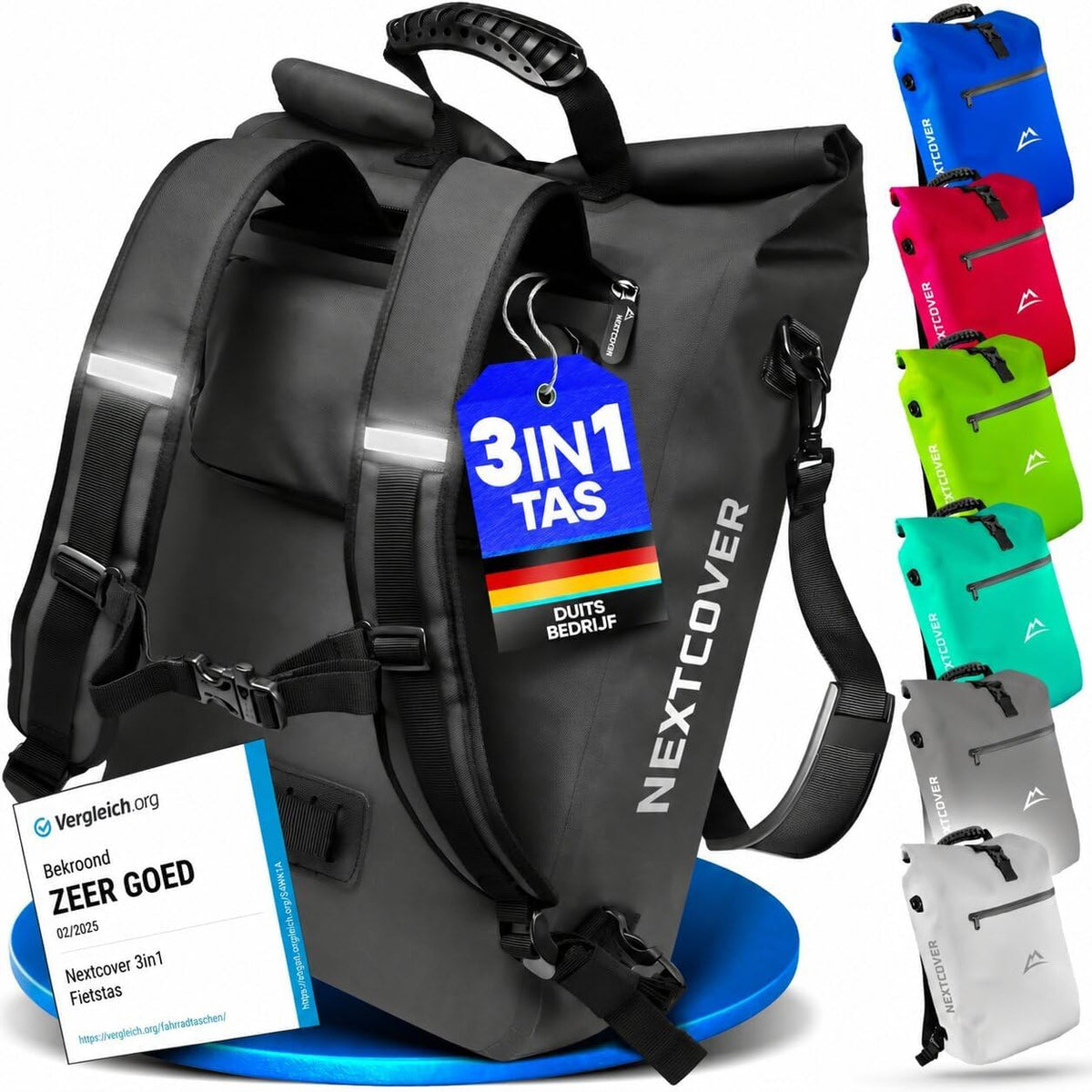 Sac à vélo Nextcover 3-en-1 - Sac à dos et sac à bandoulière - Imperméable - Compartiment pour ordinateur portable - 25 litres - Noir