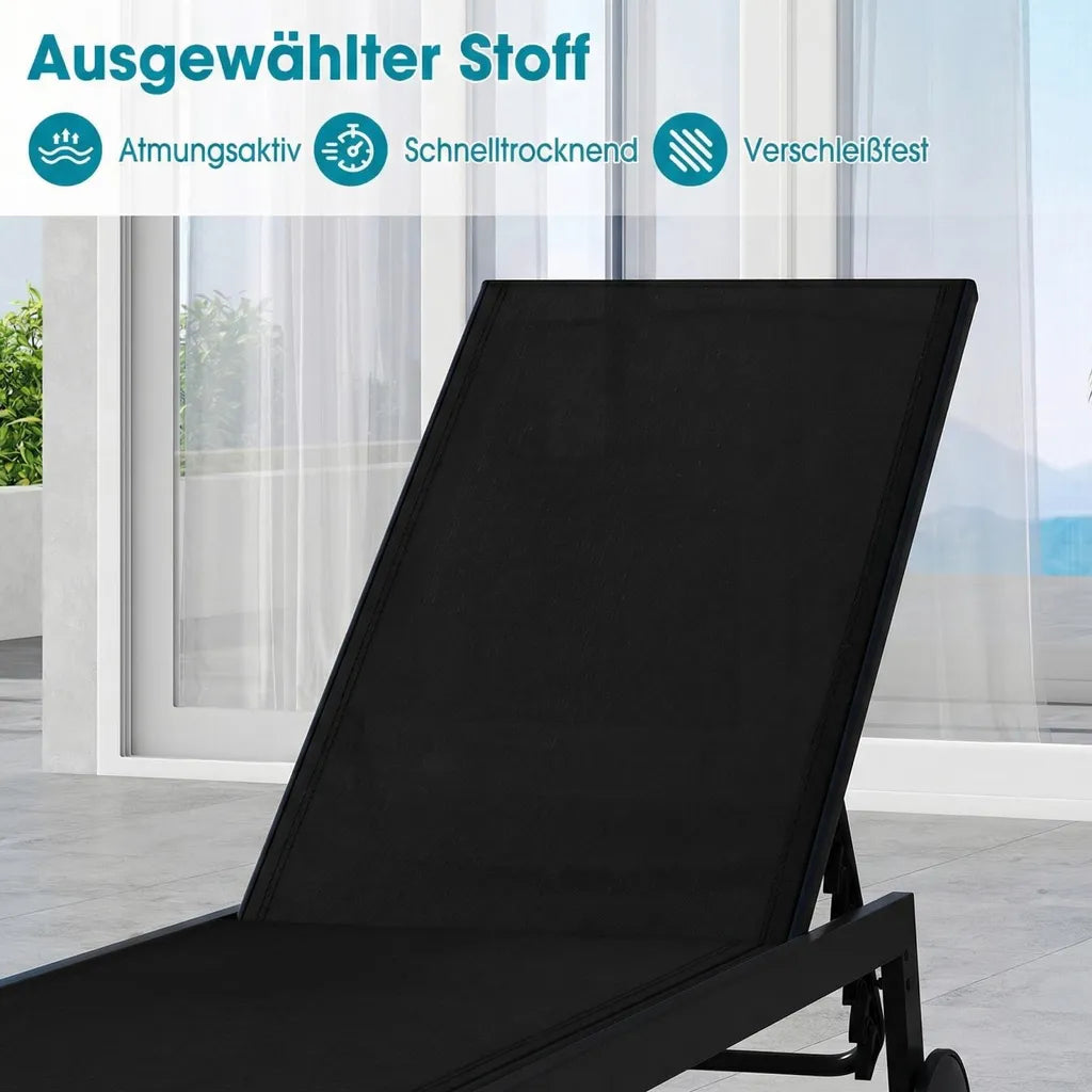 Coast Garden Loungers - Ajustable - Roues - Séchage rapide - 190 x 59 x 99 cm - Noir