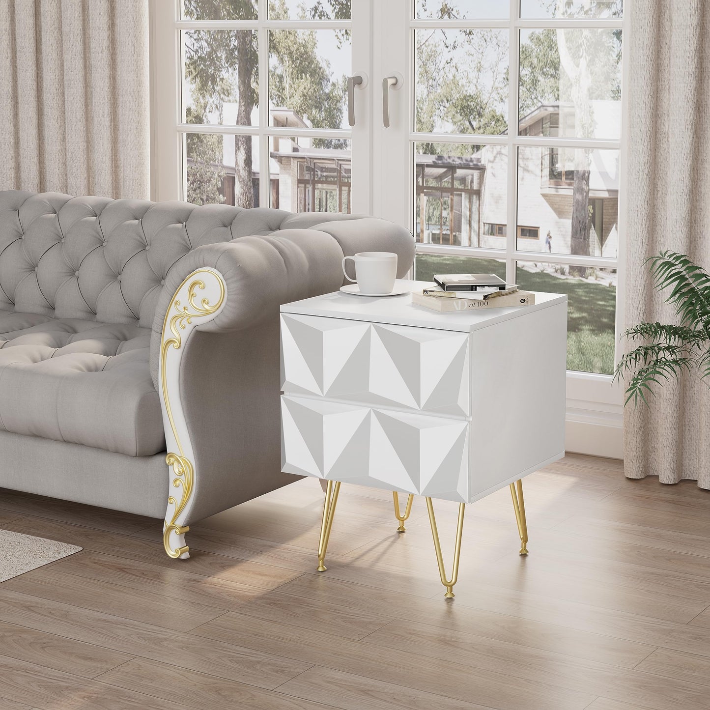 Table de chevet EUGAD à 2 tiroirs - façade 3D - blanc et or - MDF et pieds en métal - 40 x 53 x 40 cm