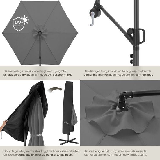 tectake® Parasol à pied flottant - 3 x 3 m - Parasol de jardin - Orientable - Polyester hydrofuge avec protection UV - Housse incluse - Gris