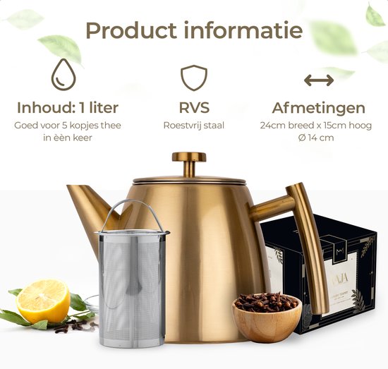Vaja® Théière Juliette Gold - Double paroi - 1 litre - Théière en acier inoxydable avec filtre et porte-bouillon
