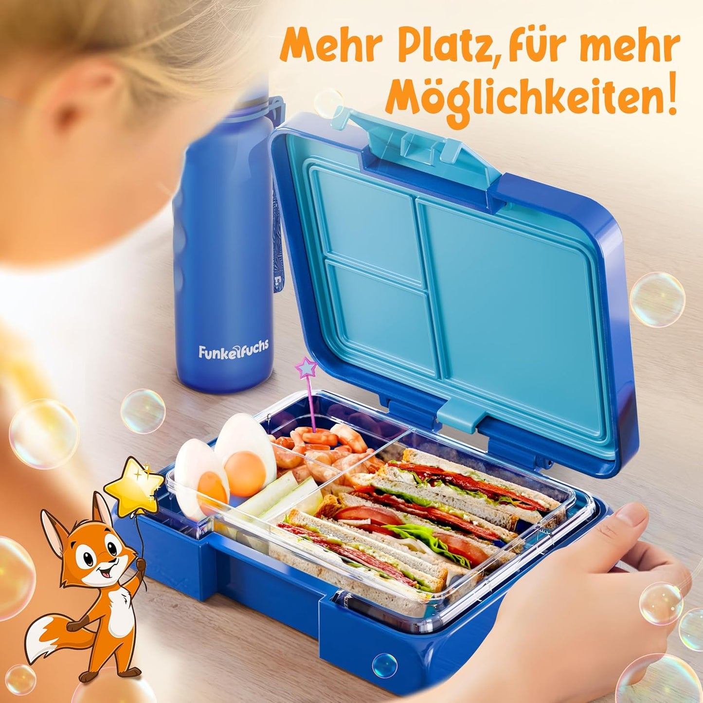 Funkelfuchs® - Lunchbox kids avec compartiments - 500ml, bleu - Lunchbox star, small - Snack box, snack box, lunch box, meal box, bento box kids - pour l'école, le jardin d'enfants et la crèche