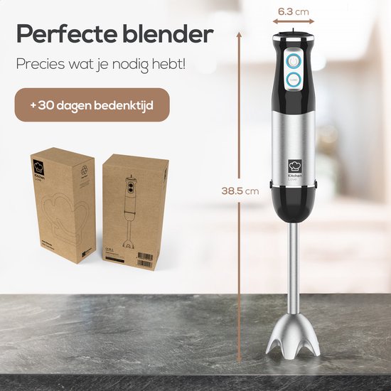KitchenLove Mixeur plongeant - 800W - 6 vitesses + Turbo - Noir/RVS