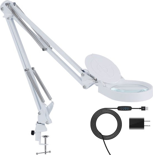 Earkings Loupe avec éclairage - Loupe avec éclairage LED avec pince de table et 3 couleurs d'éclairage - Loupe grossissant de 3x à 10x et pivotant à 360 degrés Blanc