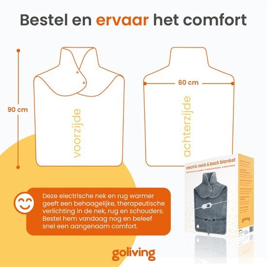 Goliving Elektrische Deken Voor Rug en Nek – Elektrische Warmtedeken – 3 Warmtestanden – Timerfunctie – Machinewasbaar – 100 Watt – 90 x 60 cm – Grijs