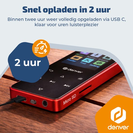 Lecteur MP3/MP4 Denver - Bluetooth - Lecture aléatoire/Répétition - Carte SD jusqu'à 128 Go - Écouteurs inclus - Dictaphone - MP1830R - Rouge