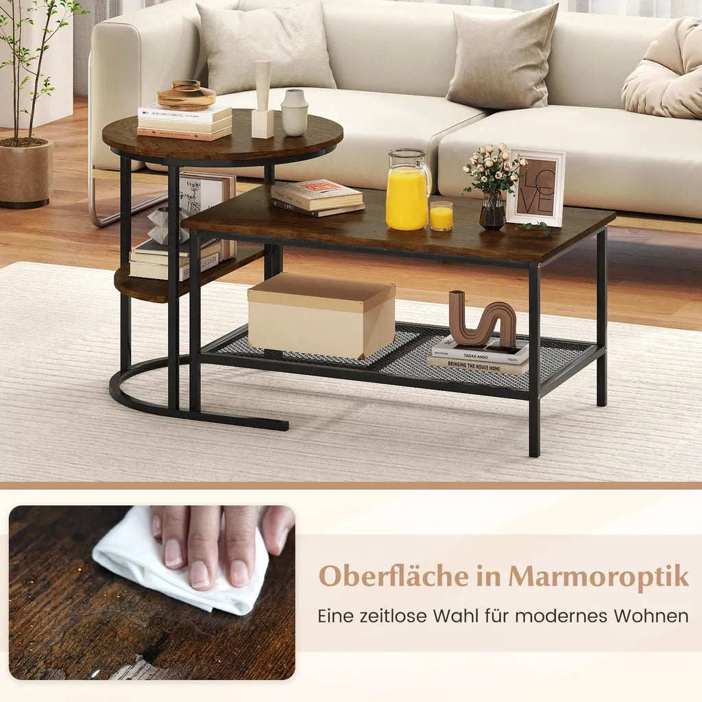 Coast Coffee Table Set of 2 - Table d'appoint ovale et ronde avec structure en métal - Brown
