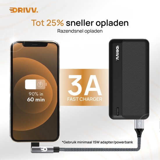 Drivv. Câble USB vers USB-C - À angle droit - Câble de données et de recharge USB-C - Recharge rapide - 1 mètre - Gris