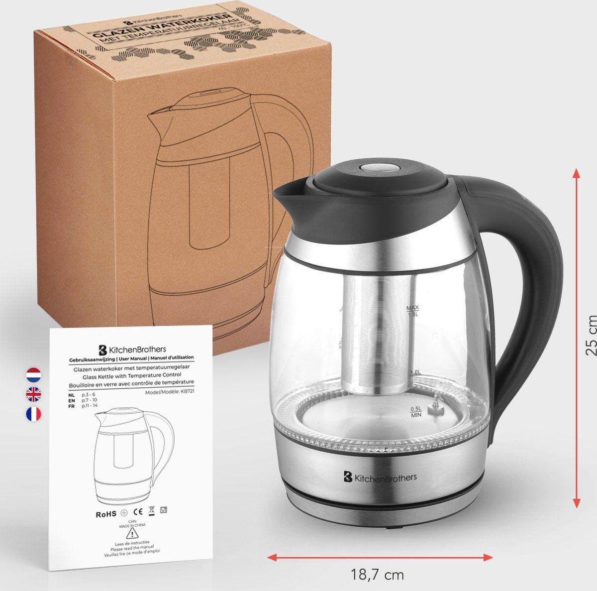 Bouilloire électrique KitchenBrothers - 1,8L - Fonction maintien au chaud - avec filtre à thé - 1,8L - acier inoxydable