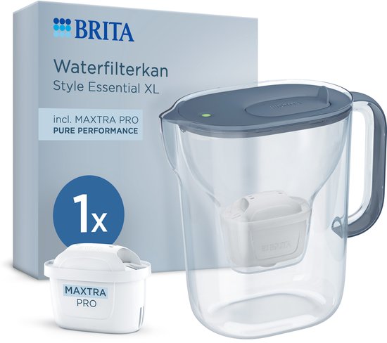 Carafe filtrante BRITA Style Essential XL - 3,6 L - Bleue - avec 1 cartouche MAXTRA PRO Pure Performance - grande carafe filtrante avec LED Smart Light et couvercle rabattable, filtre les impuretés et bien plus encore
