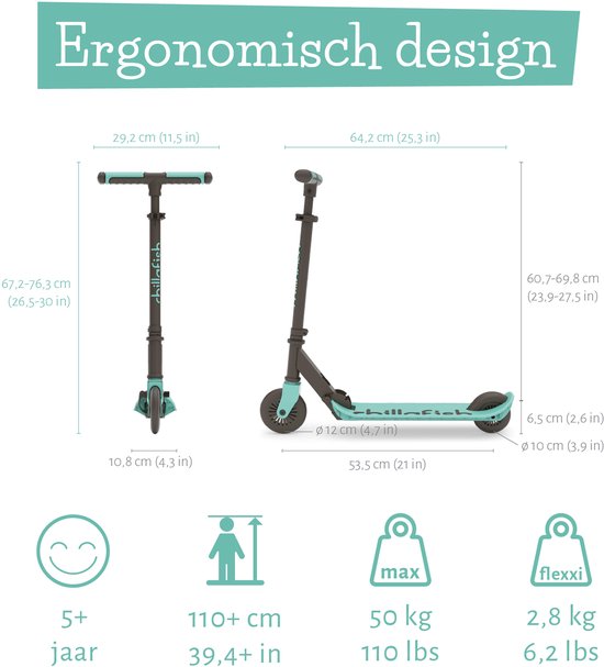 Trottinette Chillafish pour garçons et filles à partir de 5 ans avec frein au pied - Bleu Vert - Trottinette avec guidon réglable - Pliable et légère, équipée de roues ABEC-5 - Modèle Flexxi
