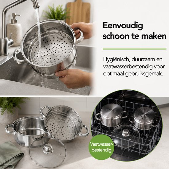 Casserole à vapeur Aviro - Couvercle en verre - 3,1 L - 20 cm - Induction et gaz - Cuiseur à vapeur 3 pièces pour riz et légumes - Acier inoxydable