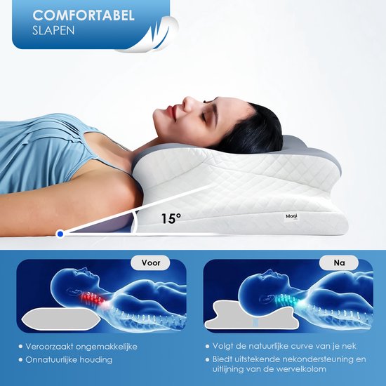 Maqi Living® Oreiller en mousse à mémoire de forme pour les douleurs cervicales – Oreiller orthopédique et ergonomique - Convient aux personnes dormant sur le dos, sur le côté ou sur le ventre - Mousse à mémoire de forme - Blanc