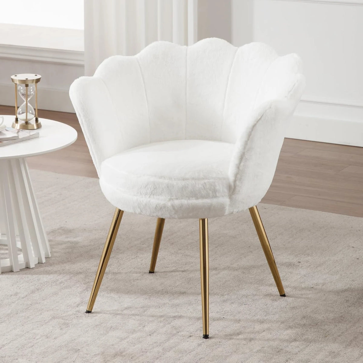 Fauteuil Ya-Home en forme de fleur avec pieds dorés - Fauteuil de détente en peluche - 70 x 60 x 76 cm - Blanc