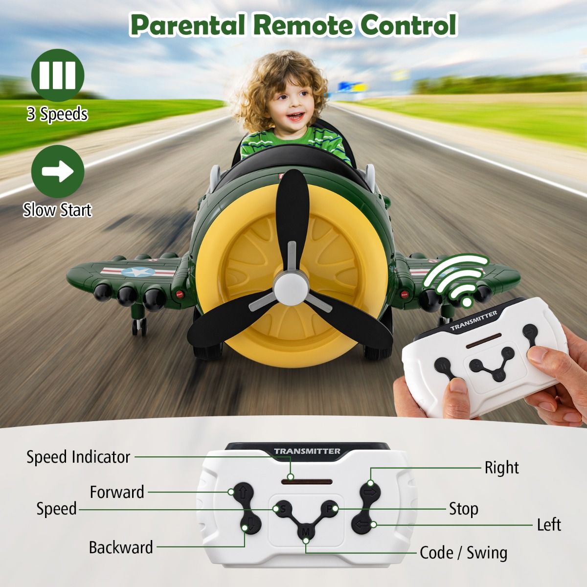 Avion électrique Coast pour enfants avec télécommande 124x100x62 cm - Vert/Jaune