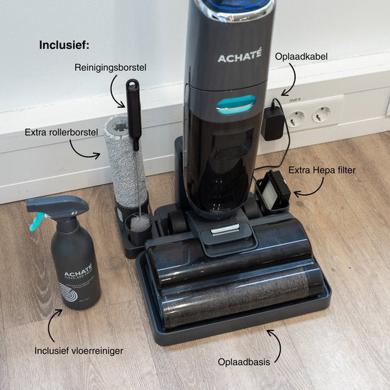Achaté Nettoyeur de sols - 3-en-1 Aspirateur à manche avec fonction serpillière - Nettoyeur de sols secs et humides - Sans fil 55 min - Auto-nettoyant - Pour des sols propres et sans traces