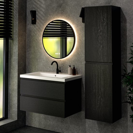 Meuble de salle de bains Mirlux en chêne noir 80 cm - Lavabo blanc - Ensemble de meubles de salle de bains - Meuble-lavabo en chêne noir