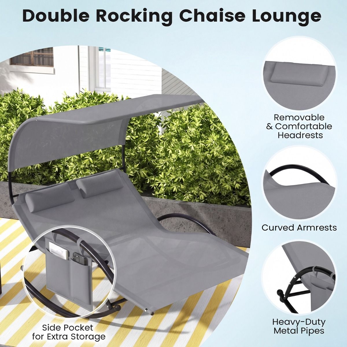 Fauteuil à bascule double Coast - avec auvent - coussins confortables - gris