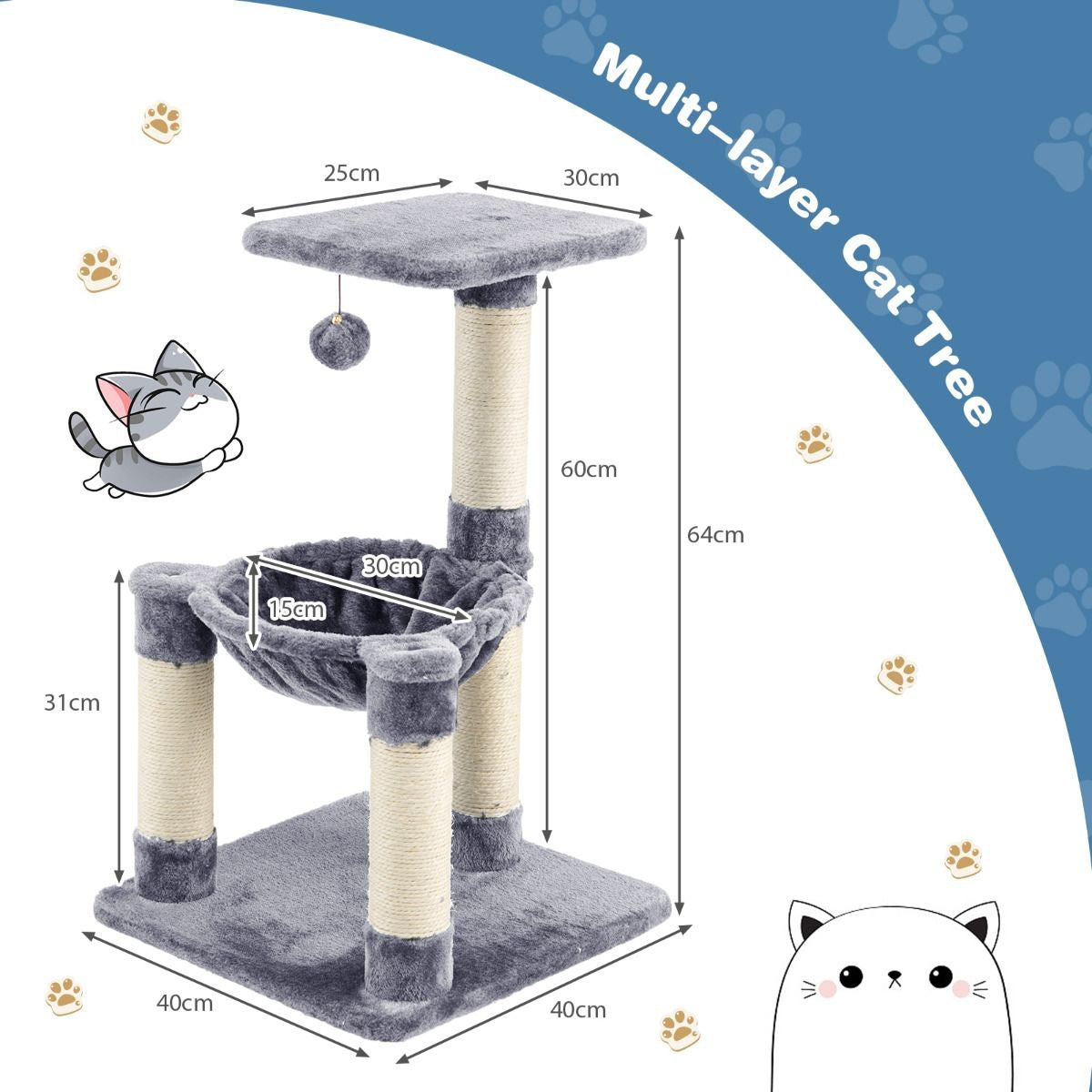 Coast Multi -Storey Scratching Post Arbre à chat avec un hamac confortable gris