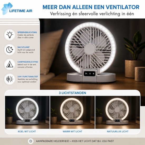 Ventilateur de table rechargeable Lifetime Air - Mini ventilateur USB 1 200 mAh - 5 vitesses et écran LED - 21 x 20,5 x 23 cm - Blanc