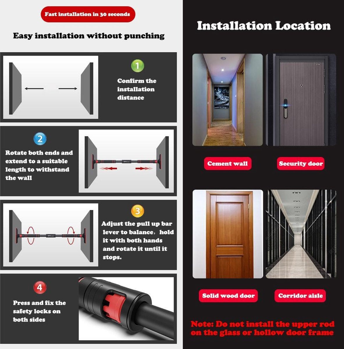 Fitness Optrekstang - Pull up bar - Montage zonder schroeven - Max 300kg- Telescopische lengte 70-95 CM
