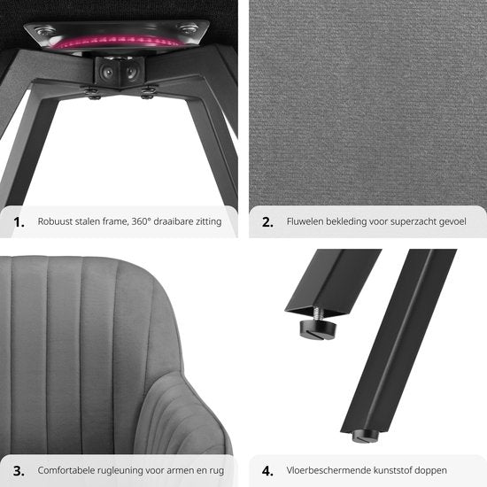 tectake® - Chaise de salle à manger pivotante avec accoudoirs - Chaise ergonomique à coque avec revêtement en velours - Rembourrée - Chaise pivotante pour le salon, la table à manger, le bureau, la coiffeuse et la cuisine - Gris