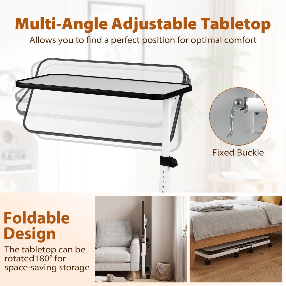 Table de lit mobile Coast - hauteur réglable - plateau inclinable - blanc