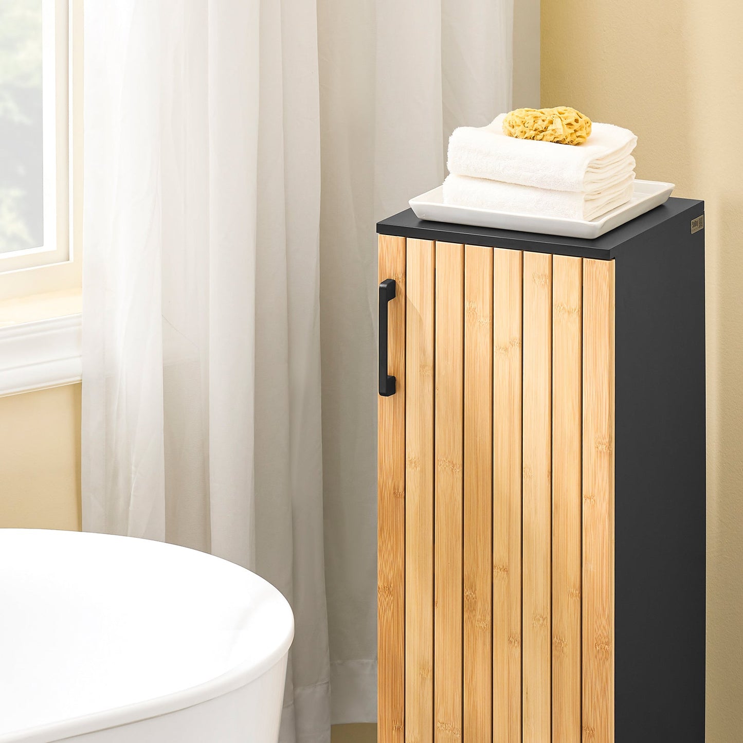 sobuy Meuble de salle de bain étroit - 30x30x90 cm - bambou & noir - meuble de salle de bain compact avec porte et étagères réglables