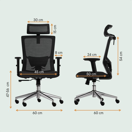 LifeGoods Ergonomic Office Chair - Chaise de bureau - Certifiée NEN et SGS - Adultes - Appui-tête - Noir/Chrome