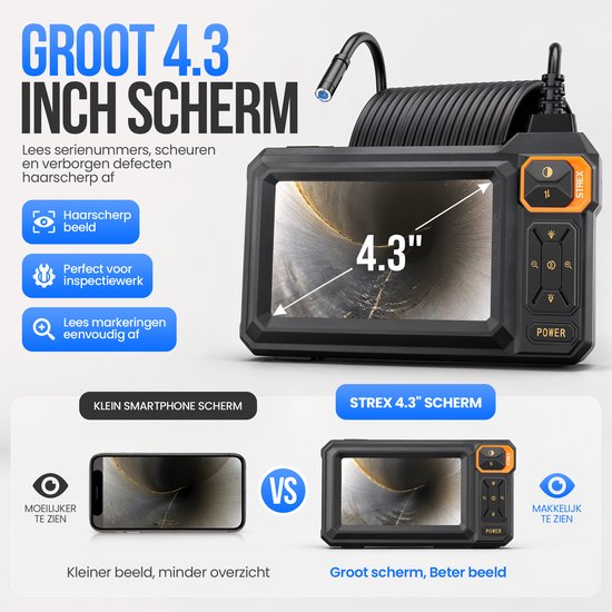 Endoscope Strex avec écran 15M - Caméra d'inspection - Caméra d'égout avec image HD - Étanche IP67 - Éclairage LED réglable