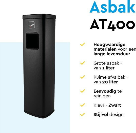 BRASQ Cendrier sur pied noir - Cendrier d'extérieur avec poubelle de 20 litres - Poteau fumeur - Poubelle avec cendrier