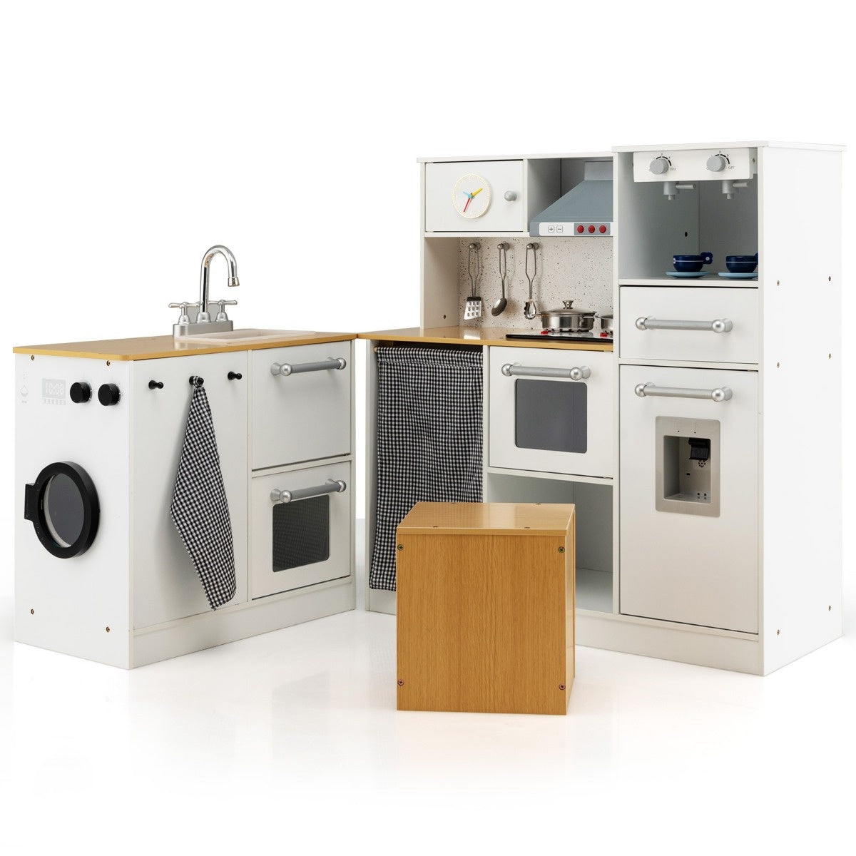 Coast - Eck Play Kitchen with Light and Sound - 79x29x81 cm - White & Natural MDF - Hocker et accessoires inclus - Jouet en bois réaliste pour les enfants à partir de 3 ans
