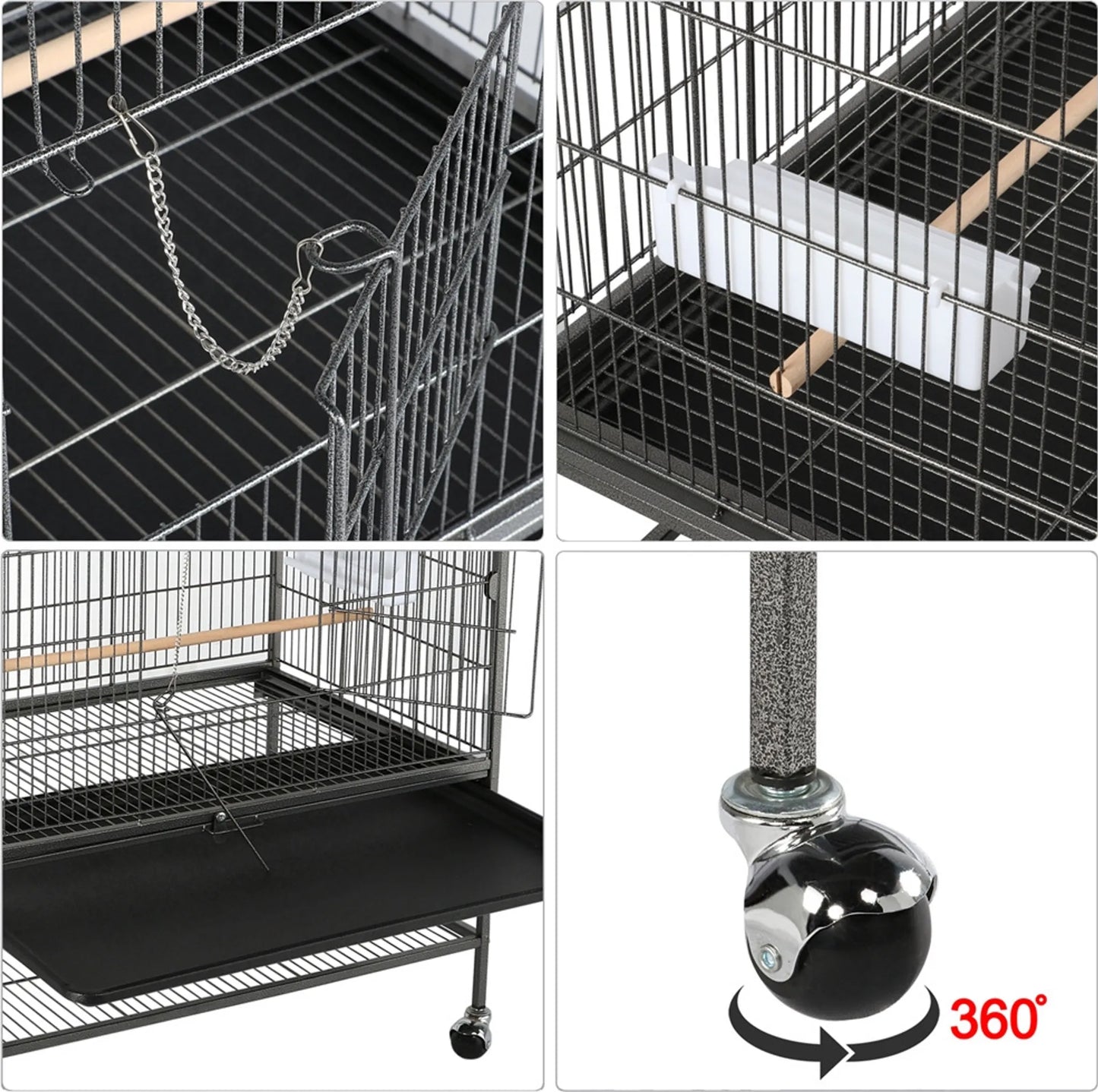 Yaheetech XXL Bird Cage With 360° Casters - Fitted With Lower Storage Shelf And 4 Perches And Removable Bottom Plate - For Parakeets And Falcon Parakeets - Black Metal - 93,5 x 56,5 x 153 cm