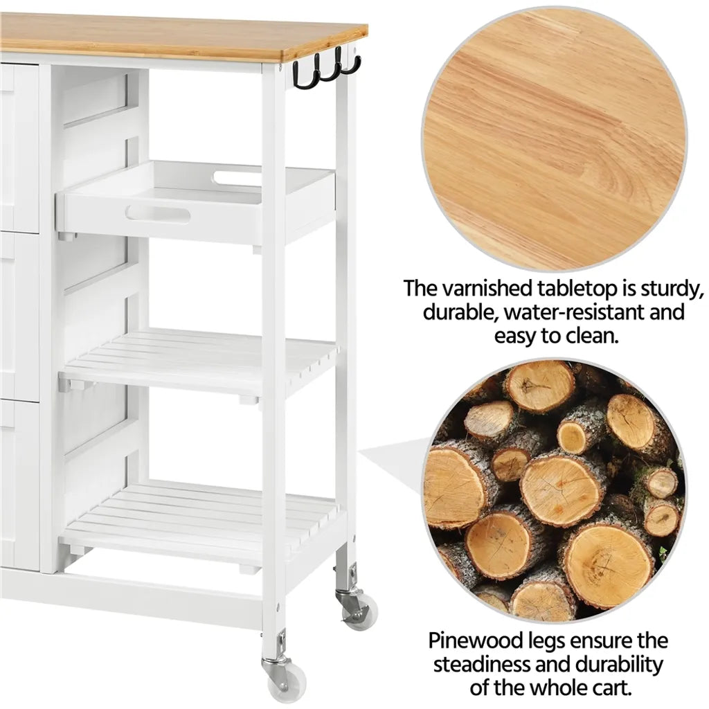 Chariot de cuisine Yaheetech sur roulettes – Blanc/Bambou – 67 x 37 x 84,5 cm – Avec 3 tiroirs et 3 étagères