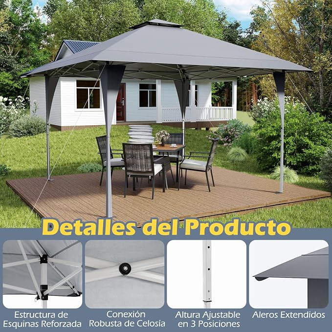 Tente de fête pliable Coast 3,95 × 3,95 m – Pavillon pop-up avec toit ventilé, 3 réglages de hauteur, protection UV et sac de transport – Gris