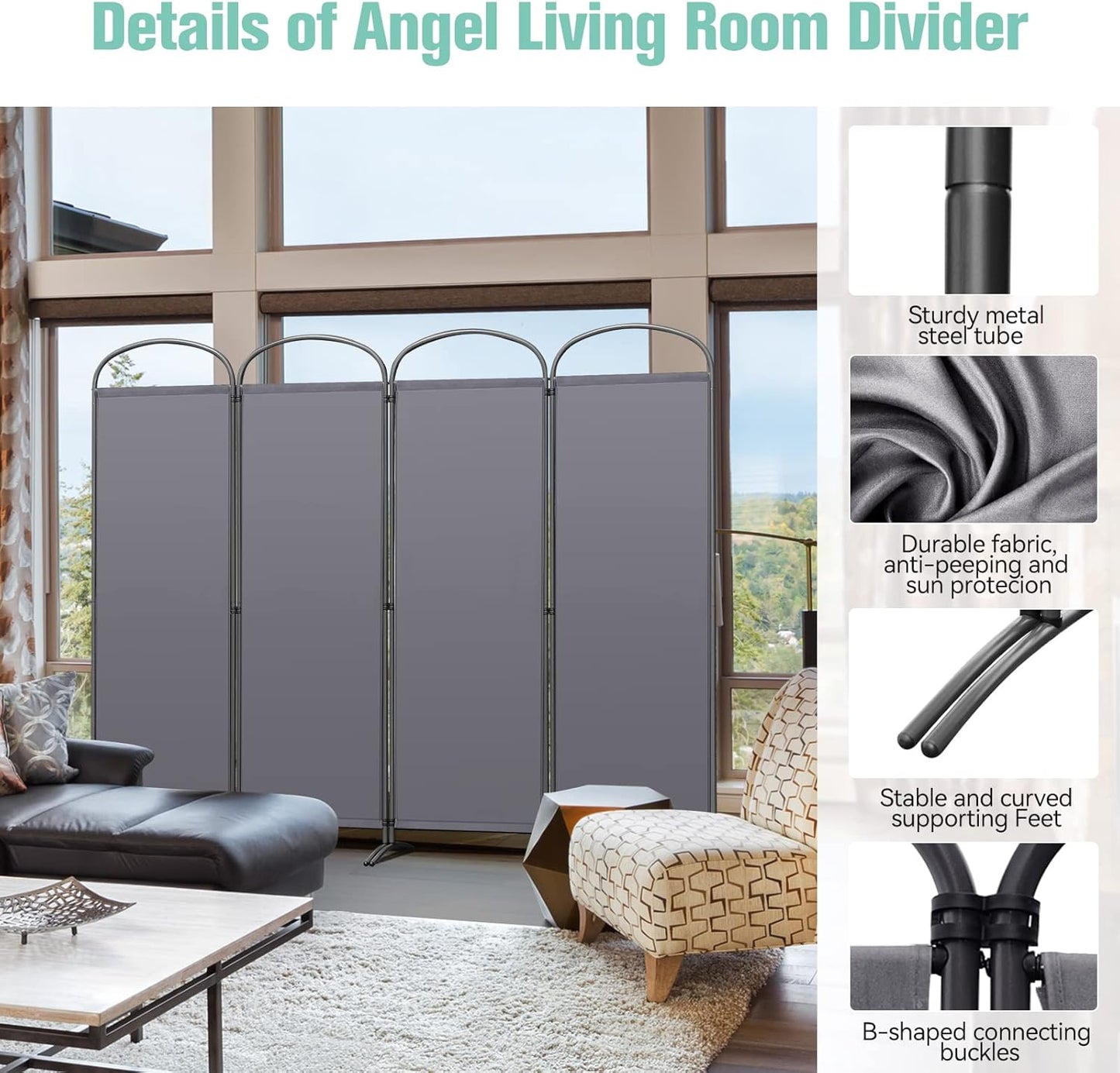 Angel Living Paravent - 4 panneaux - 224 x 182 cm - Intérieur et extérieur - Gris
