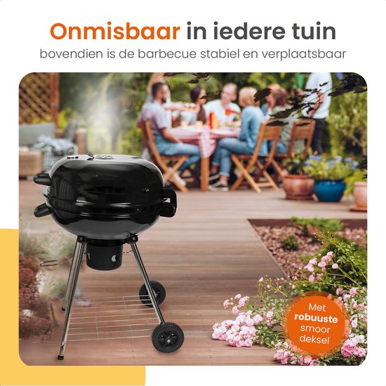 Barbecue au charbon de bois Goliving - Ø54 cm - Accessoires inclus - Barbecue au charbon de bois sur roues - BBQ XXL avec couvercle - Rond - 65 x 89 cm - Noir - Métal