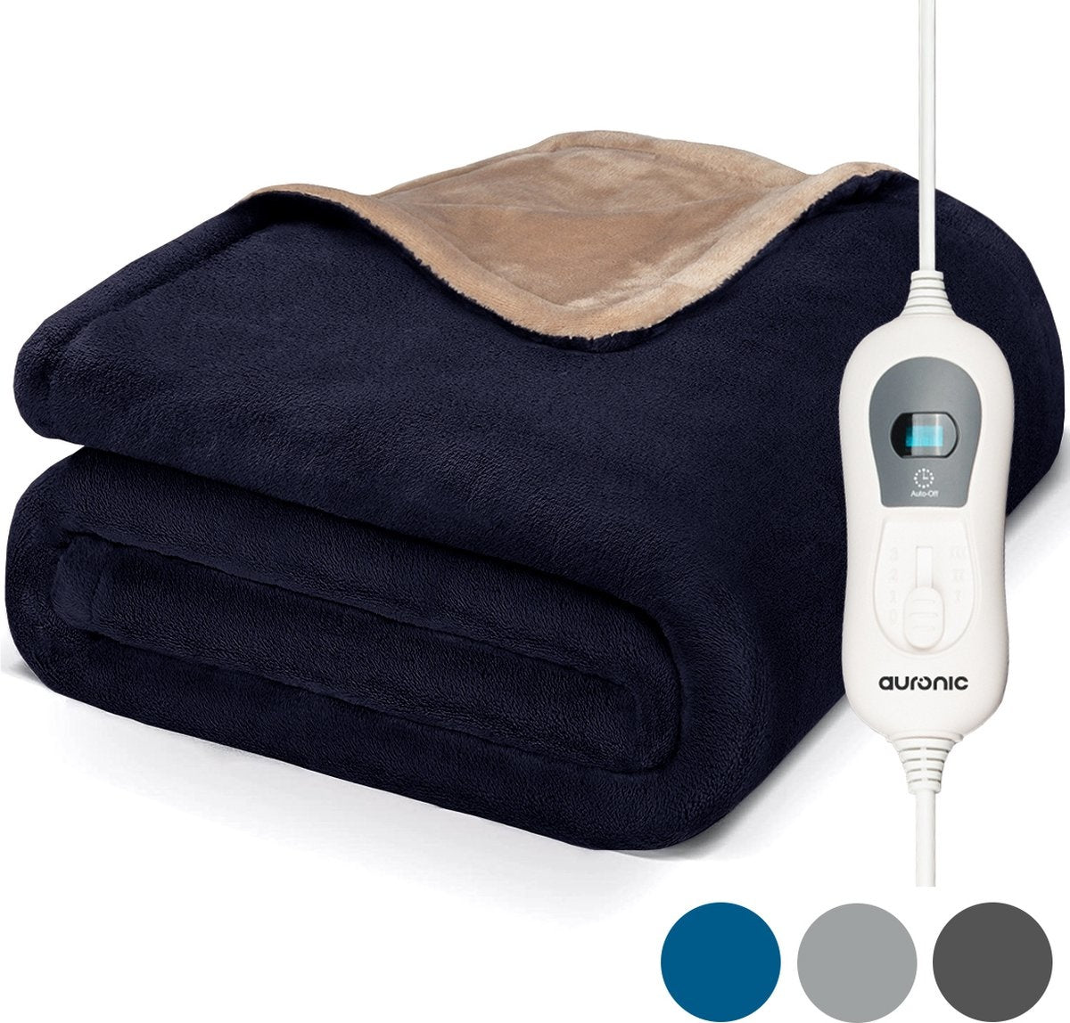 Couverture chauffante électrique - Auronic - 3 niveaux de chauffe avec minuterie - 160 x 120cm - bleu nuit
