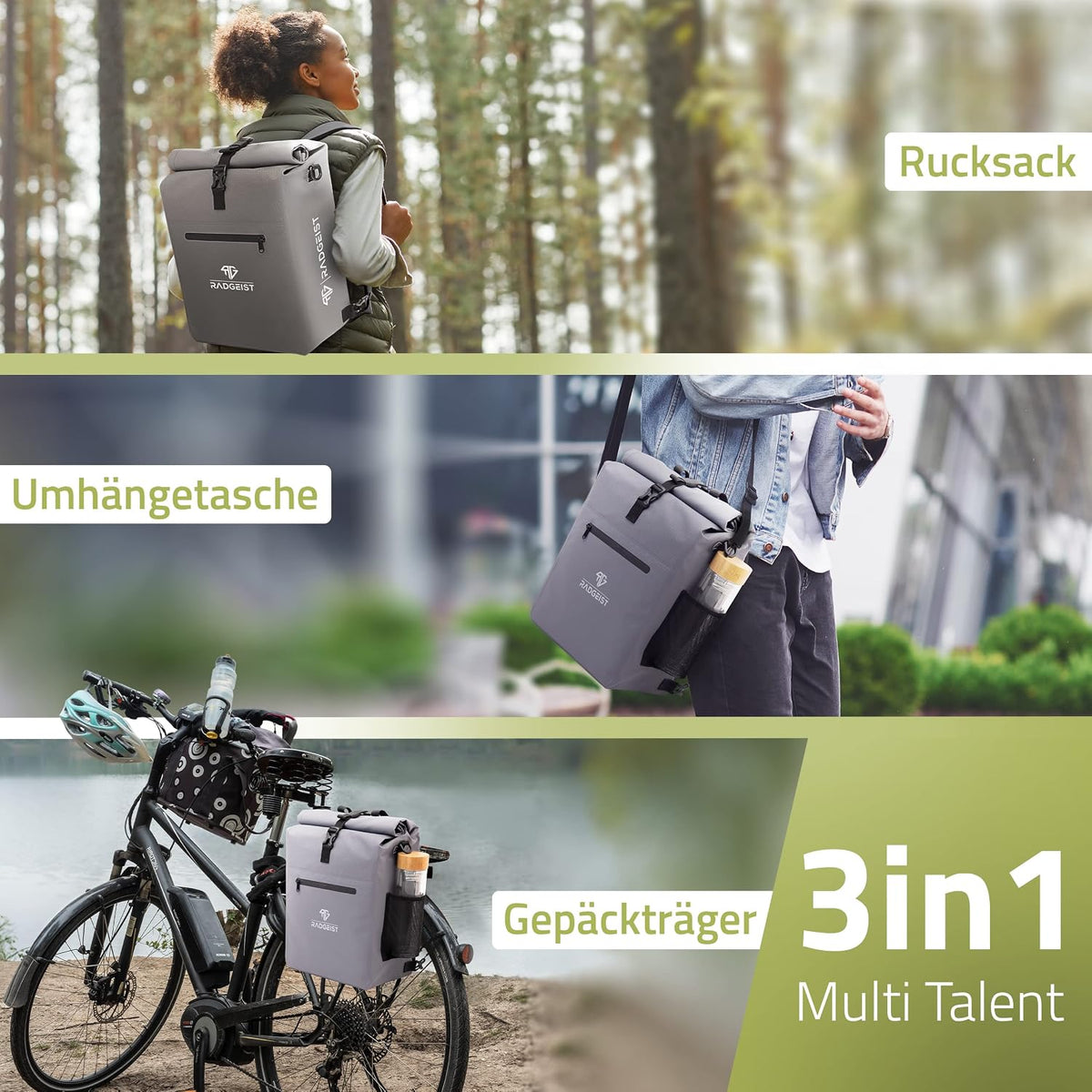 Sac de vélo 3-en-1 pour porte-bagages - 25 litres - Gris - Compartiment pour ordinateur portable - Imperméable